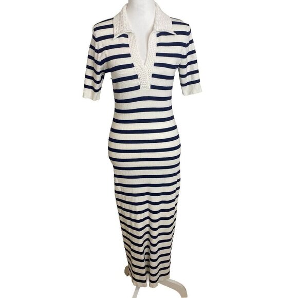 $695 CAROLINE CONSTAS Knit Stretch Midi Dress Striped White/Navy Bodycon L - Picture 2 of 11